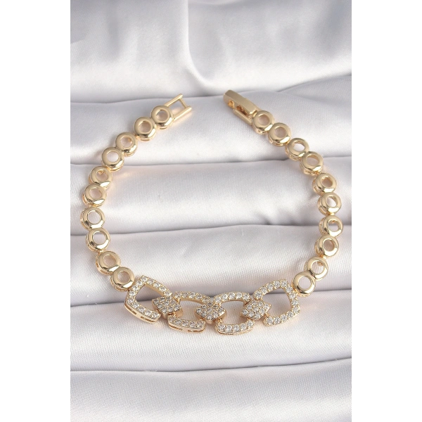 Pirinç Gold Renk Zirkon Taşlı Daire Zincir Model Kadın Bileklik