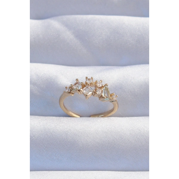 Pirinç Gold Renk Zirkon Taşlı Damla Detay Ayarlanabilir Yüzük