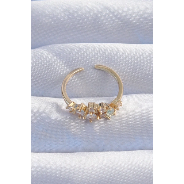 Pirinç Gold Renk Zirkon Taşlı Damla Detay Ayarlanabilir Yüzük