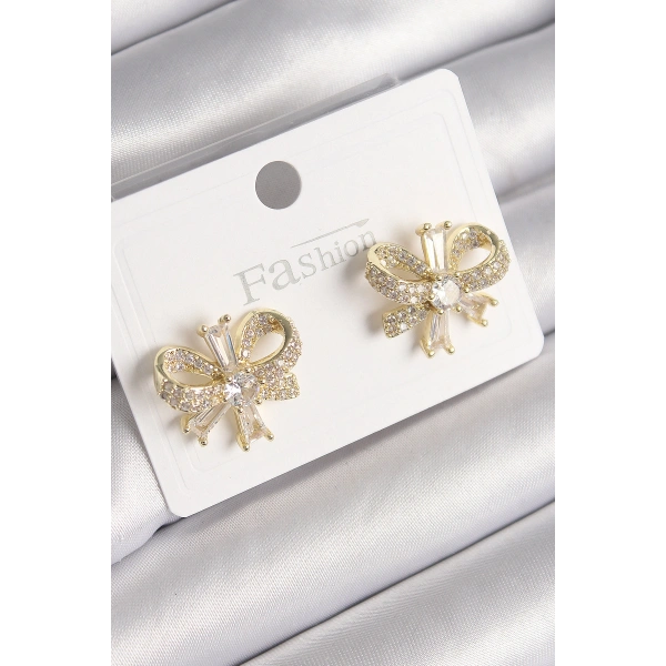 Pirinç Gold Renk Zirkon Taşlı Fiyonk Model Kadın Küpe