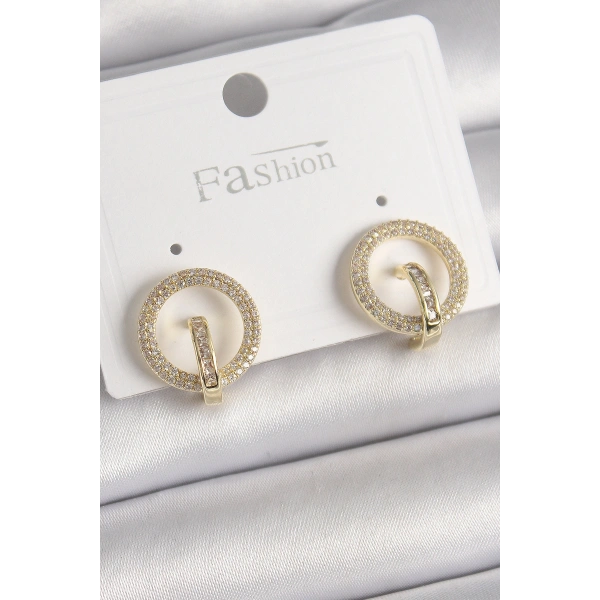 Pirinç Gold Renk Zirkon Taşlı Halka Model Kadın Küpe