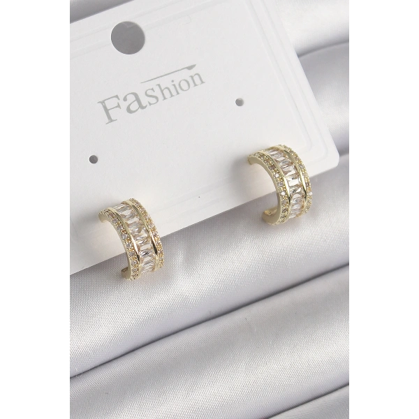 Pirinç Gold Renk Zirkon Taşlı Halka Model Kadın Küpe