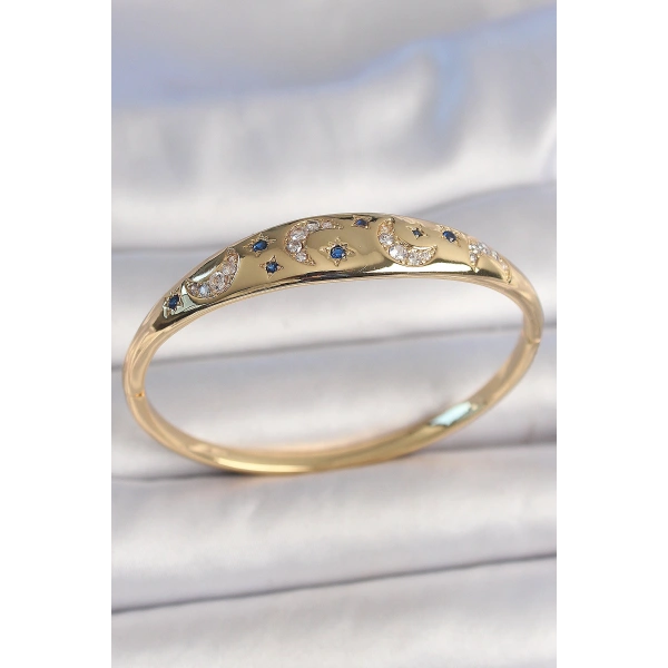Pirinç Gold Renk Zirkon Taşlı Hilal İşleme Mavi Taşlı Yıldız Detay Kadın Kelepçe