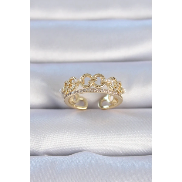 Pirinç Gold Renk Zirkon Taşlı İnci Detay Kadın Yüzük