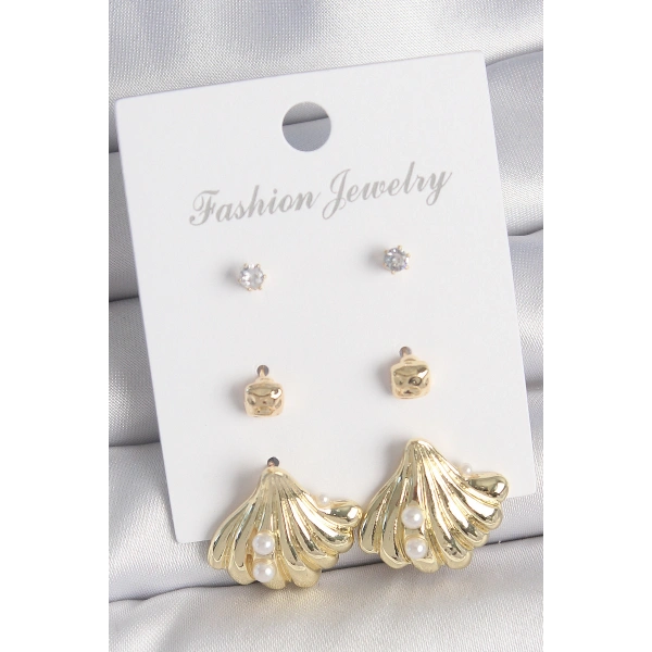 Pirinç Gold Renk Zirkon Taşlı İnci Detaylı Deniz Kabuğu Model 3 Çift Kadın Küpe Seti