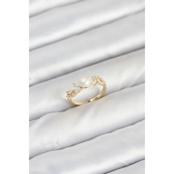 Pirinç Gold Renk Zirkon Taşlı İncili Model Kadın Yüzük