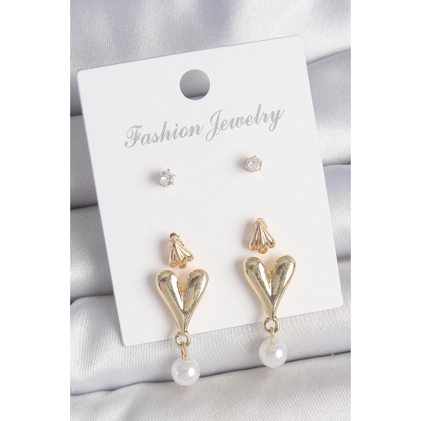 Pirinç Gold Renk Zirkon Taşlı İncili Sallantılı Kalp Model 3 Çift Kadın Küpe Seti