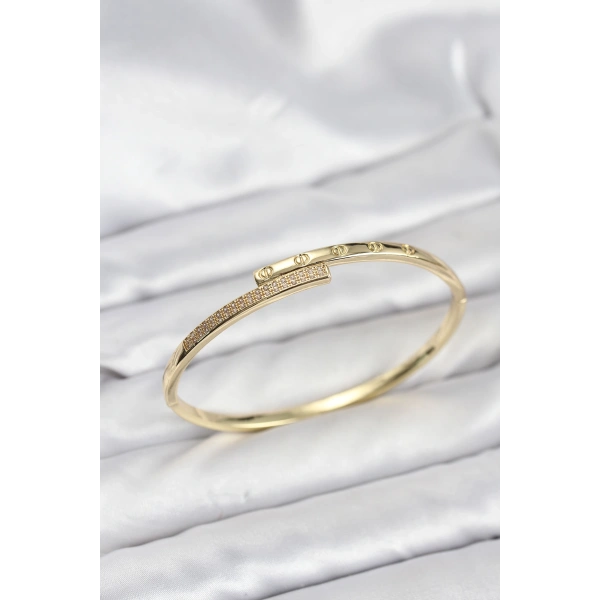 Pirinç Gold Renk Zirkon Taşlı Kadın Kelepçe Bileklik