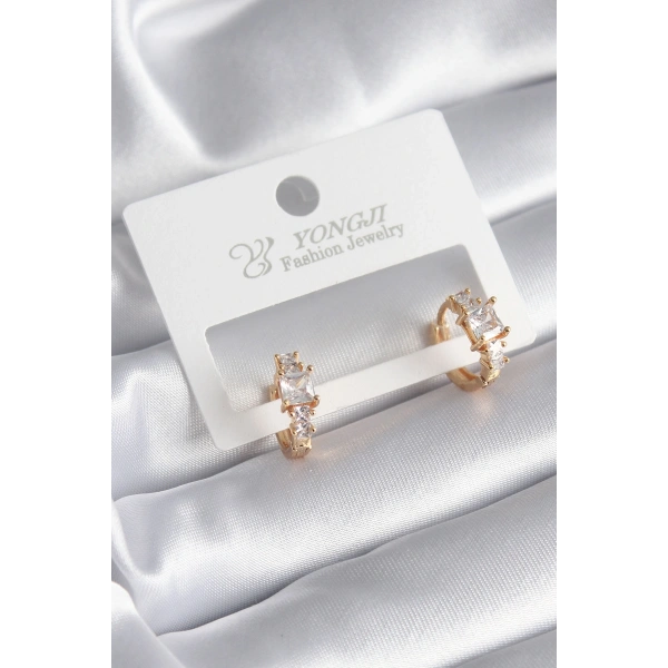 Pirinç Gold Renk Zirkon Taşlı Kadın Küpe