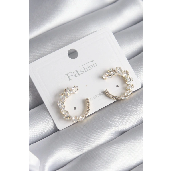 Pirinç Gold Renk Zirkon Taşlı Kadın Küpe