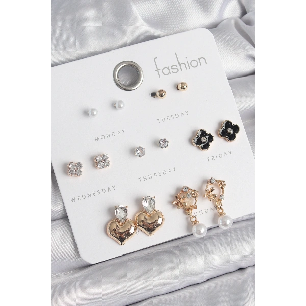 Pirinç Gold Renk Zirkon Taşlı Kalp Figür Siyah Yonca Detay 7 Çift Kadın Küpe Seti