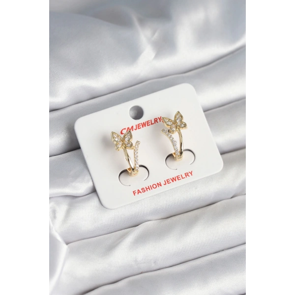 Pirinç Gold Renk Zirkon Taşlı Kelebek Model Kadın Küpe