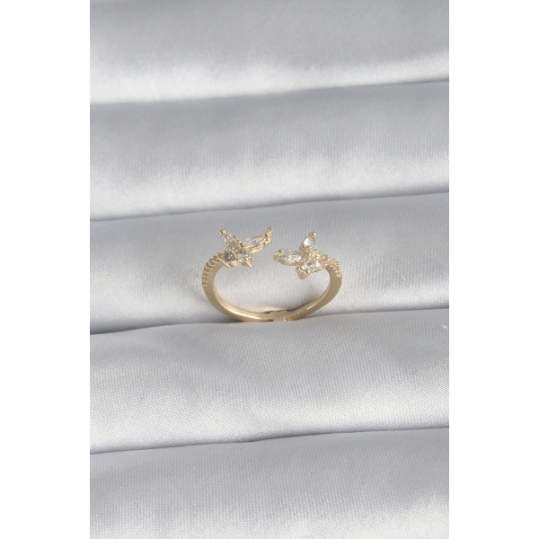 Pirinç Gold Renk Zirkon Taşlı Kelebek Model Kadın Yüzük