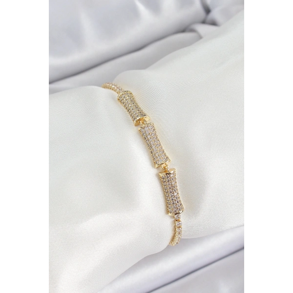 Pirinç Gold Renk Zirkon Taşlı Kemik Model Kadın Bileklik