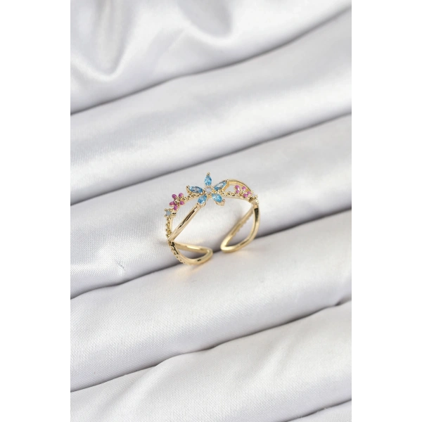 Pirinç Gold Renk Zirkon Taşlı Mavi Çiçekli Kadın Yüzük