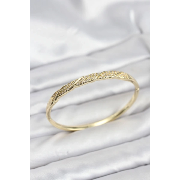 Pirinç Gold Renk Zirkon Taşlı Model Kadın Kelepçe Bileklik
