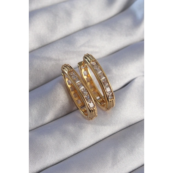 Pirinç Gold Renk Zirkon Taşlı Oval Model Küpe