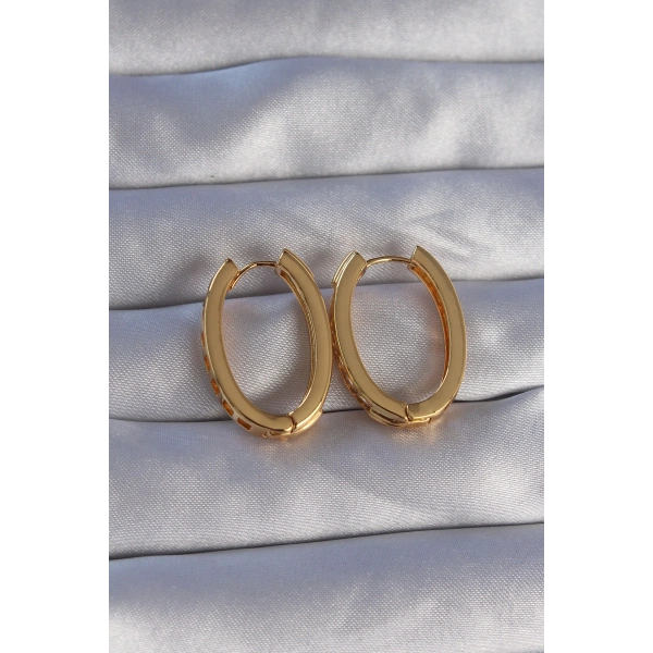 Pirinç Gold Renk Zirkon Taşlı Oval Model Küpe