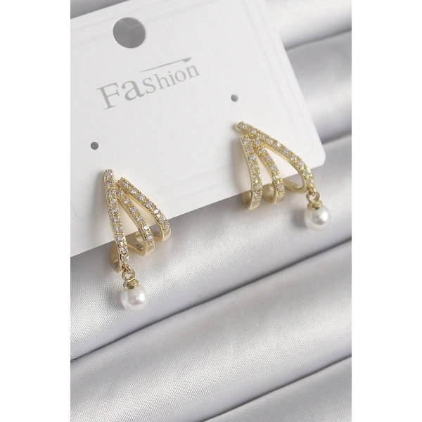 Pirinç Gold Renk Zirkon Taşlı Pençe Model İnci Detay Kadın Küpe