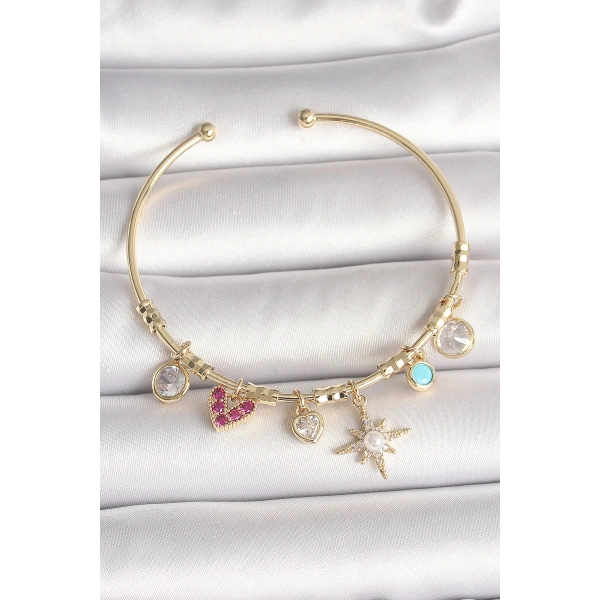 Pirinç Gold Renk Zirkon Taşlı Sallantı Kutup Yıldız Figür İnci Detay Charm Kadın Bileklik