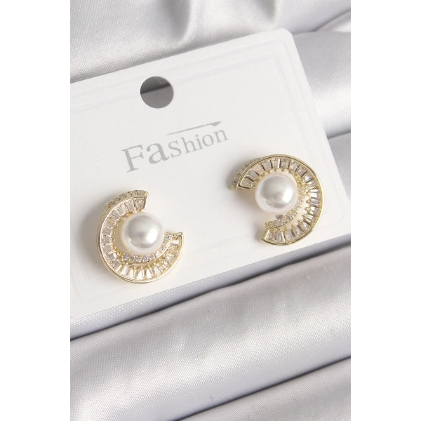 Pirinç Gold Renk Zirkon Taşlı Salyangoz Model İnci Detay Kadın Küpe