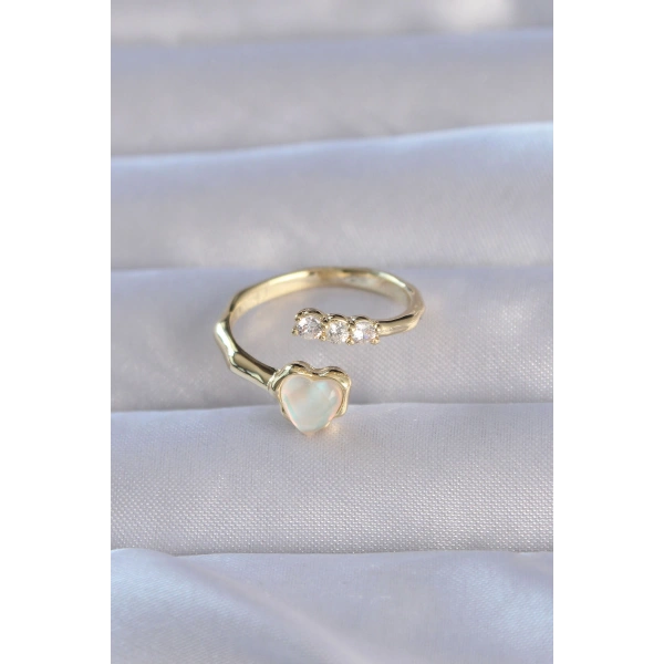 Pirinç Gold Renk Zirkon Taşlı Sedefli Kalp Model Ayarlanabilir Yüzük