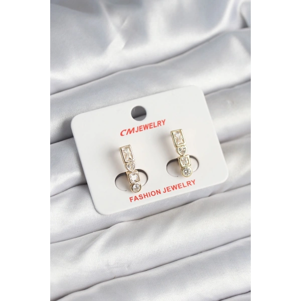 Pirinç Gold Renk Zirkon Taşlı Vintage Kadın Küpe