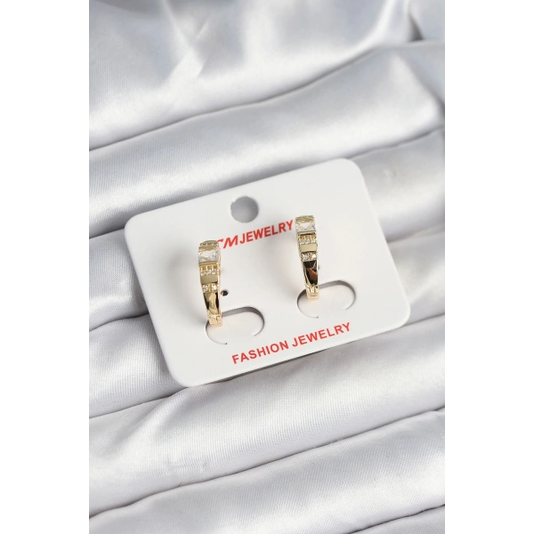 Pirinç Gold Renk Zirkon Taşlı Vintage Kadın Küpe