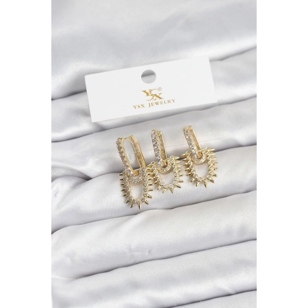 Pirinç Gold Renk Zirkon Taşlı Vintage Model YSX Trio Küpe Seti