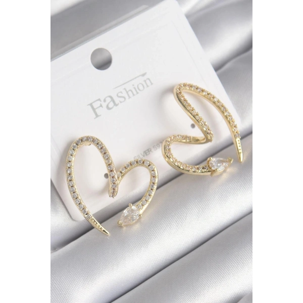 Pirinç Gold Renk Zirkon Taşlı Yılan Kalp Model Kadın Küpe