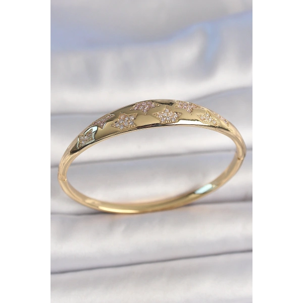 Pirinç Gold Renk Zirkon Taşlı Yıldız İşlemeli Kadın Kelepçe