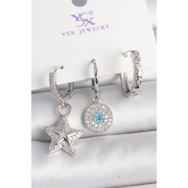 Pirinç Gold Renk Zirkon Taşlı Yıldız Model Nazar Boncuk Detay 3Lü Kadın Kombin Küpe