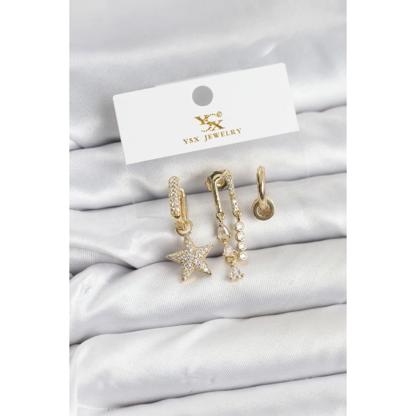 Pirinç Gold Renk Zirkon Taşlı Yıldız Vintage Model YSX Trio Küpe Seti