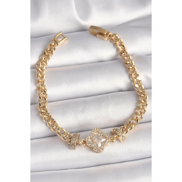 Pirinç Gold Renk Zirkon Taşlı Yonca Figür Zincir Model Kadın Bileklik