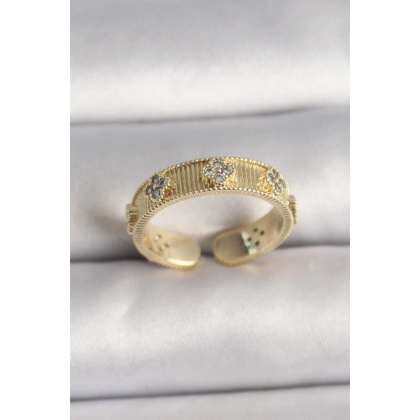 Pirinç Gold Renk Zirkon Taşlı Yonca İşlemeli Ayarlanabilir Yüzük
