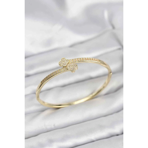 Pirinç Gold Renk Zirkon Taşlı Yonca Model Kadın Kelepçe Bileklik