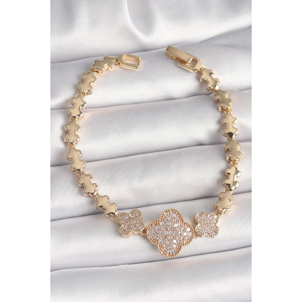 Pirinç Gold Renk Zirkon Taşlı Yonca Model Zincir Kadın Bileklik