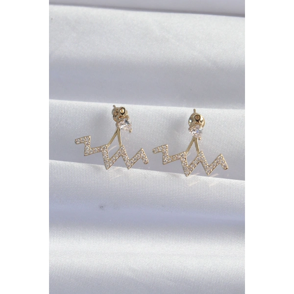 Pirinç Gold Renk Zirkon Taşlı Zikzak Küpe