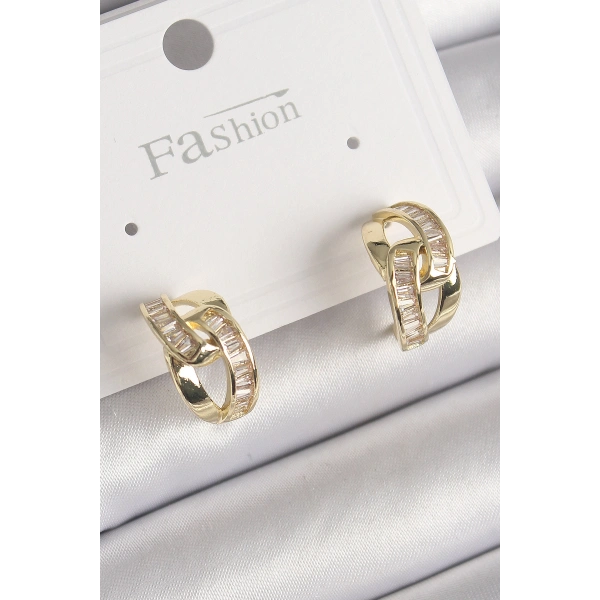 Pirinç Gold Renk Zirkon Taşlı Zincir Model Kadın Küpe