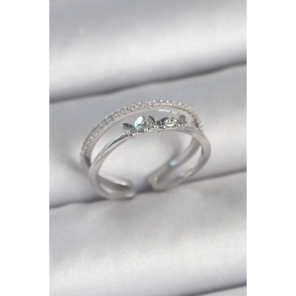 Pirinç Gümüş Renk 2Li Zirkon Taş Detaylı Kelebek Figür Ayarlanabilir Model Kadın Yüzük