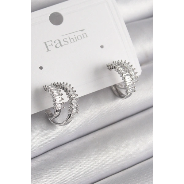 Pirinç Gümüş Renk 2Li Zirkon Taşlı Halka Model Kadın Küpe