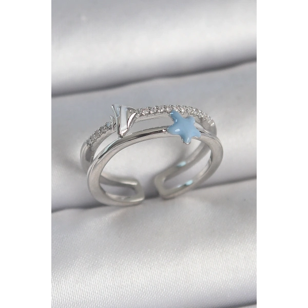 Pirinç Gümüş Renk 2Li Zirkon Taşlı Mavi Yıldız Figür Ayarlanabilir Kadın Yüzük