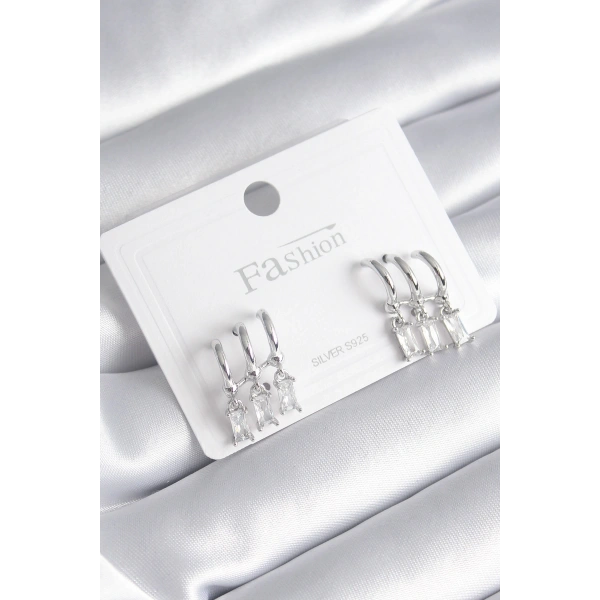 Pirinç Gümüş Renk 3lü Sallantı Zirkon Taşlı Küpe