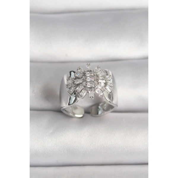 Pirinç Gümüş Renk Ayarlanabilir Baget Zirkon Taş Model Kadın Yüzük