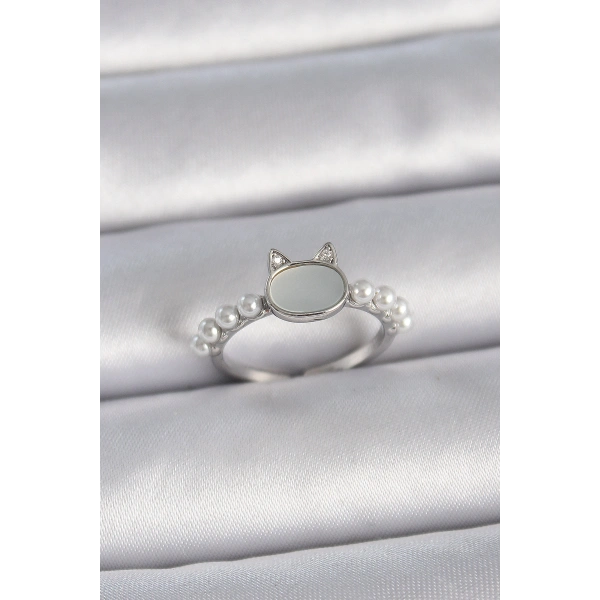 Pirinç Gümüş Renk Ayarlanabilir Beyaz Mineli Kedi Model İnci Detay Kadın Yüzük