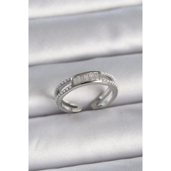 Pirinç Gümüş Renk Ayarlanabilir Sıralı İncili Zirkon Taşlı Kadın Yüzük