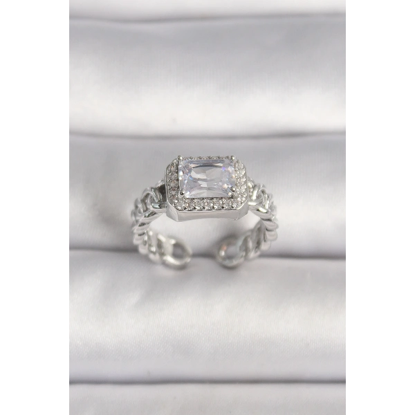 Pirinç Gümüş Renk Ayarlanabilir Zincir Kare Zirkon Taşlı Kadın Yüzük