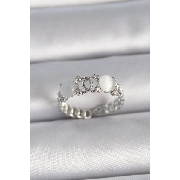 Pirinç Gümüş Renk Ayarlanabilir Zirkon Taşlı Beyaz Mineli Birleşik Halka Model Kadın Yüzük