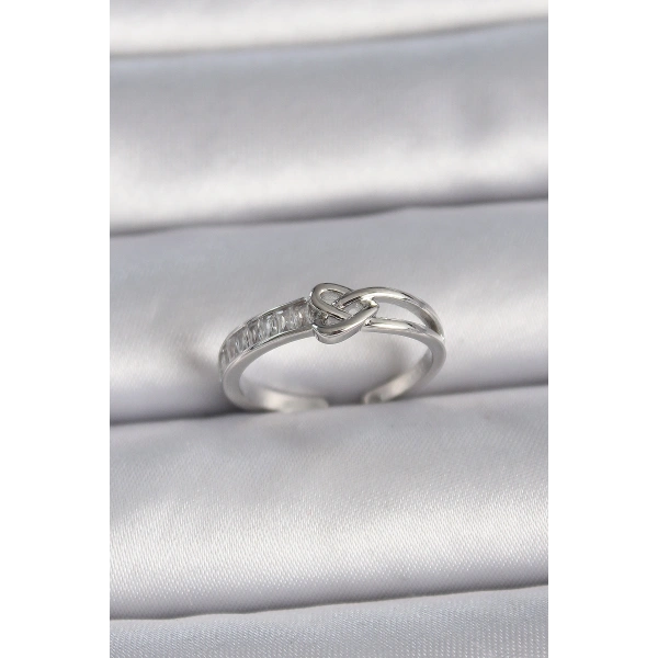 Pirinç Gümüş Renk Ayarlanabilir Zirkon Taşlı Düğüm Kalp Model Kadın Yüzük