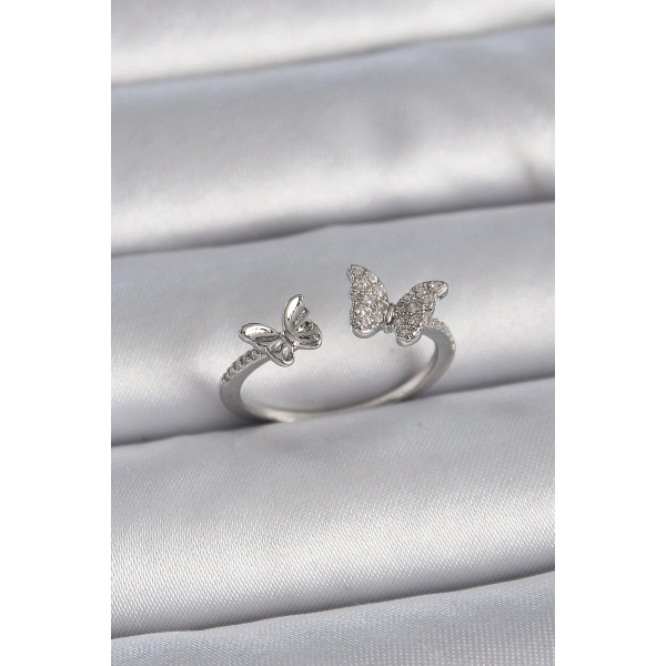 Pirinç Gümüş Renk Ayarlanabilir Zirkon Taşlı Kelebek Model Kadın Yüzük
